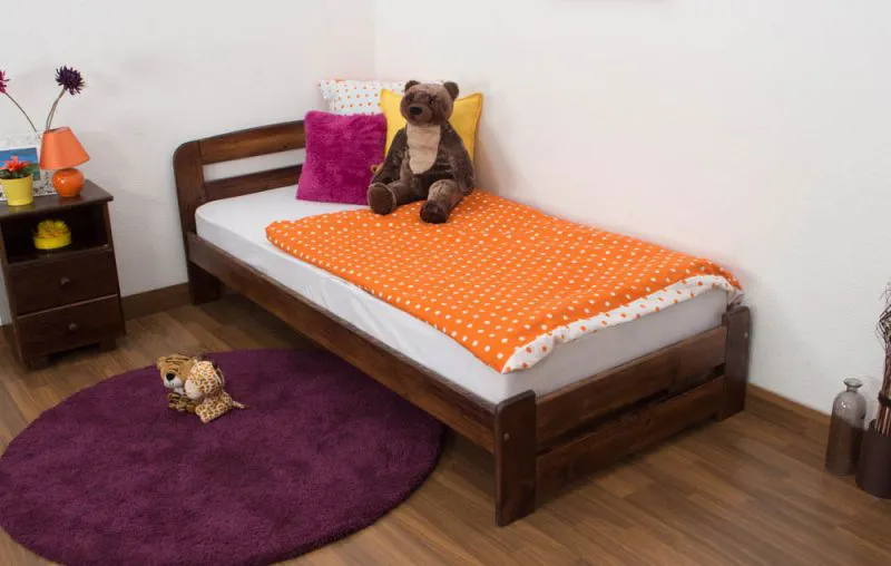 Bettrahmen für Kinder / Kinderbett 90 x 200 cm | Massivholz: Kiefer | Nuss Lackiert | inkl. Rollrost Abbildung
