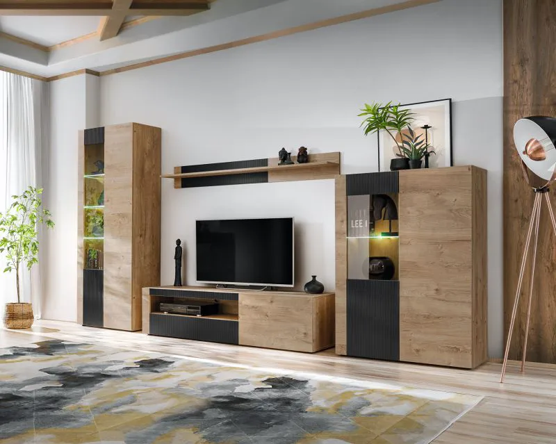 Wohnwand | Farbe: Eiche Ribbeck / Schwarz matt | Push-to-open Funktion | inkl. LED-Beleuchtung | Maße: 320 x 45 x 192 cm | 2 Vitrinen | 1 TV-Unterschrank | 1 Wandregal