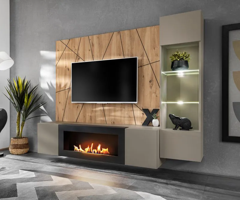 Wohnwand | inkl. LED-Beleuchtung | Farbe: Perla Grau / Eiche Artisan | Push-to-open Funktion | 200 x 40 x 158 cm | 1 TV-Unterschrank | 1 Vitrine