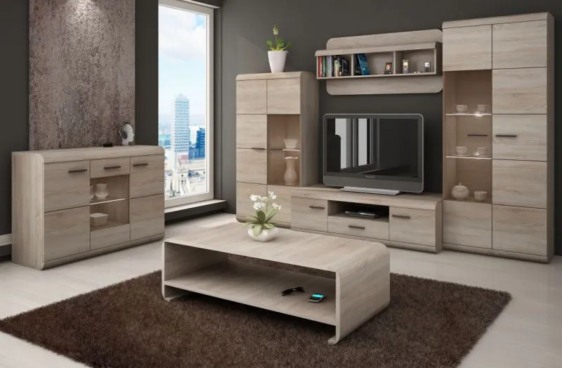 Wohnzimmer Komplett - Set F Gabes, 6-teilig, Farbe: Eiche Sonoma