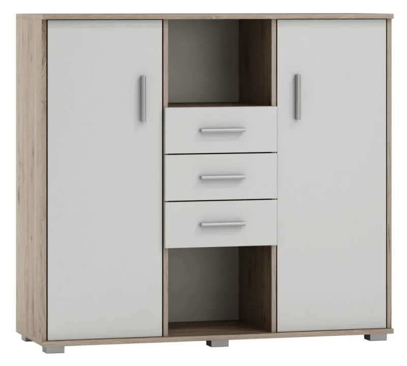 Kommode Kavieng 04, Farbe: Eiche / Weiß - Abmessungen: 110 x 120 x 40 cm (H x B x T)