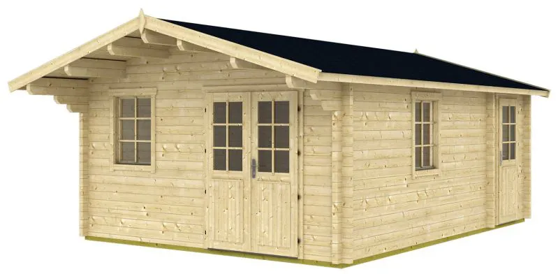 Holz-Gartenhaus 6,95 x 4,9 Meter (inkl. Dach) | 4 Fenster | 70 mm Blockbohlen |natur unbehandelt | Satteldach | inkl. Fußboden | aus nordischer Fichte Abbildung