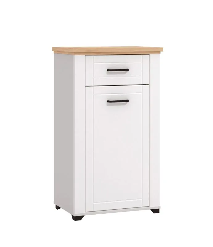 Schuhschrank mit einer Schublade Banat 21, Farbe: Eiche Artisan / Weiß Matt, drei Fächer, Maße: 105 x 60,5 x 41 cm, Griffe & Beine: Schwarz