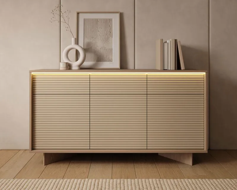 Kommode | Farbe: Bolivar Natur / Cappuccino | 3 Drehtüren | 6 Fächer | 3 Schubladen | Push-to-open Funktion | inkl. LED-Beleuchtung | 154 x 40 x 85 cm
