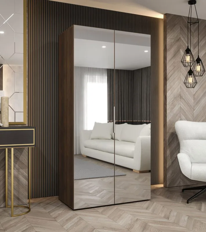 Drehtürenschrank / Kleiderschrank | Farbe: Walnuss | eine Kleiderstange | Soft-Close-Funktion | 1 Meter breit | zwei Spiegeltüren | Griffe: Silber