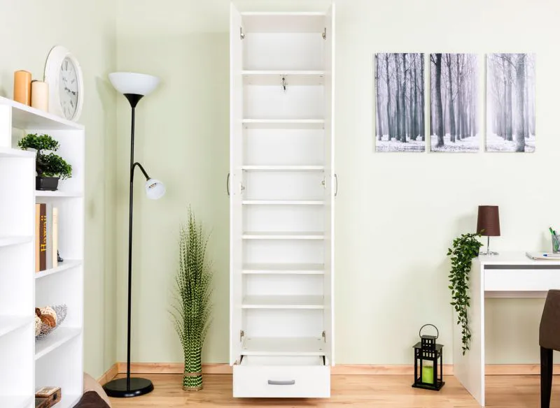 Schmaler Kleiderschrank | 2 Drehtüren | 1 Schublade | 8 Fächer | mit Kleiderstange | 50 cm breit | Farbe: Weiß Abbildung