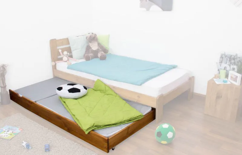 Rollbett / Zweite Liegefläche für Bett - Kiefer Vollholz massiv Eichefarben 003, inkl. Lattenrost- Abmessung 18,50 x 198 x 95 cm (H x B x T)