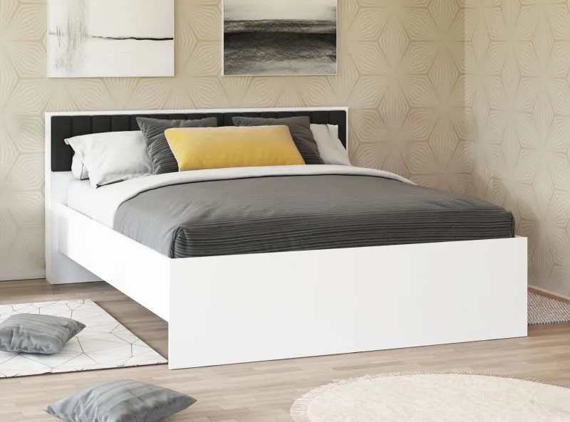 Schlichtes Doppelbett Brus 14, Farbe: Weiß / Dunkelgrau, stabil, Liegefläche: 160 x 200 cm, ABS-Kanten, gepolstertes Kopfteil, für Schlafzimmer