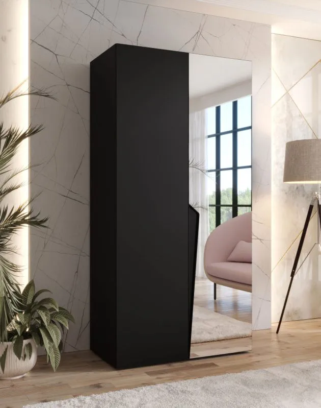 Kleiderschrank | 1 Spiegeltür | Farbe: Schwarz | 1 Fach | Griffe: Schwarz | 1 Kleiderstange | 1 Meter breit | Soft-Close-Funktion | Maße: 100 x 52 x 202 cm