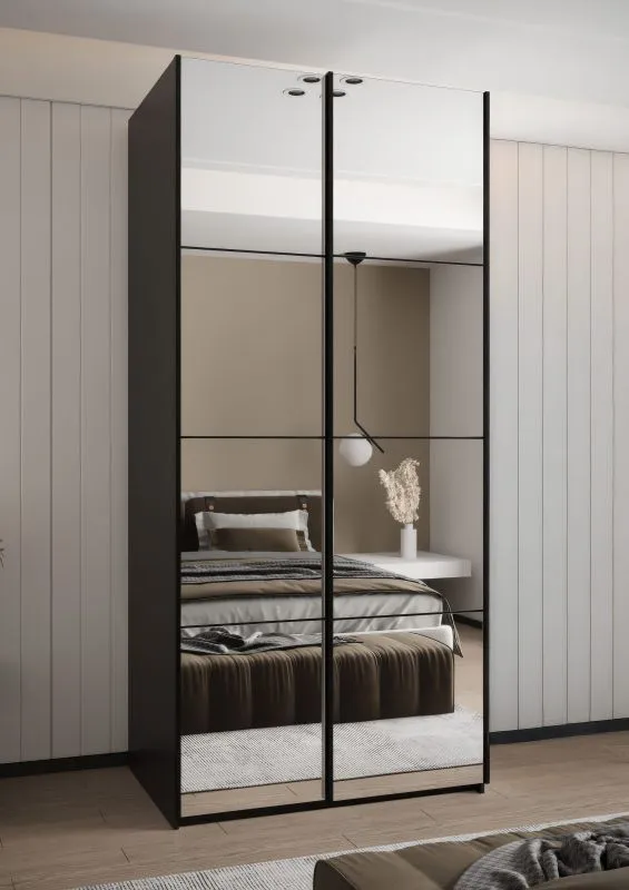 Kleiderschrank / Schiebetürenschrank | 6 Einlegeböden | 6 Fächer | 2 Kleiderstangen | 245,5 x 100 x 64 cm | 2 Schiebetüren | Farbe: Schwarz | Soft-Close