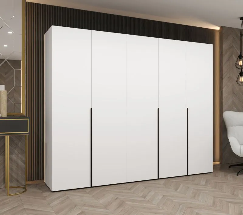 Kleiderschrank mit Soft-Close-Funktion Eiger 36, Farbe: Weiß, fünf Türen, Drehtürenschrank, drei Fächer, 2,5 Meter breit, Griffe: Schwarz, drei Kleiderstangen