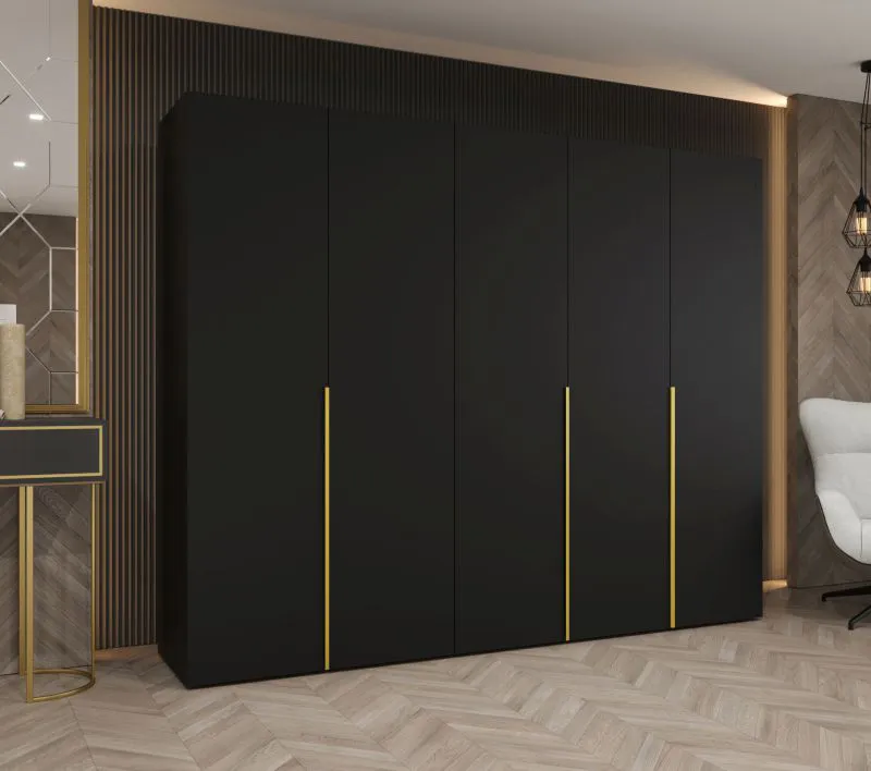 Drehtürenschrank Eiger 41, fünf Türen, Farbe: Schwarz, drei Kleiderstangen, 2,5 Meter breit, Soft-Close-Funktion, Kleiderschrank, Griffe: Gold, drei Fächer