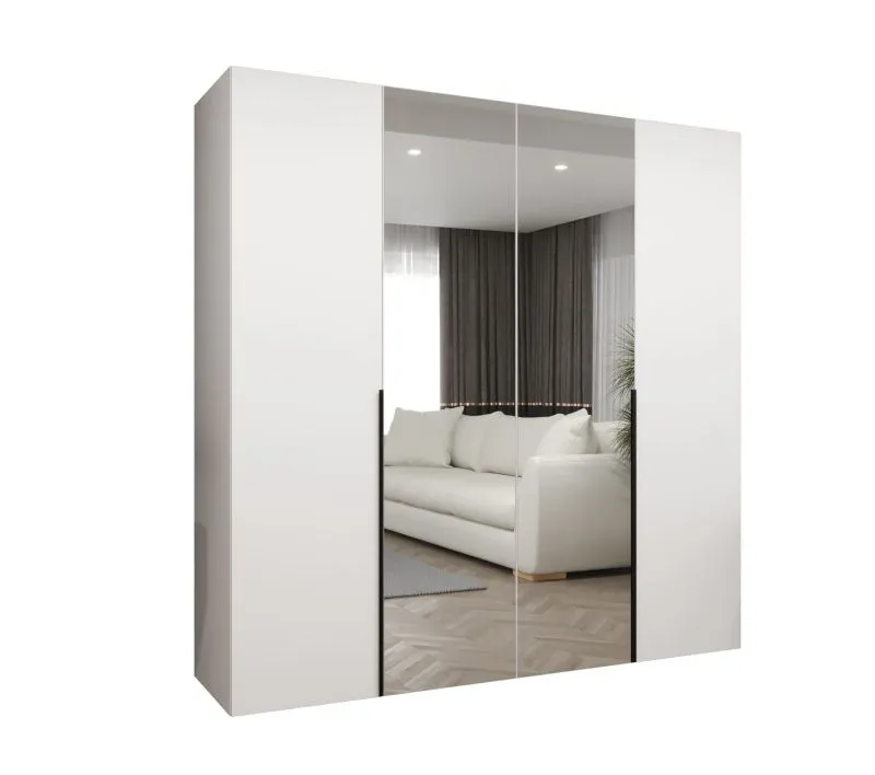 Kleiderschrank 2 Meter breit Eiger 80, Farbe: Weiß, zwei Spiegeltüren, zwei Kleiderstangen, Griffe: Schwarz, zwei Fächer, Soft-Close-Funktion, für Schlafzimmer