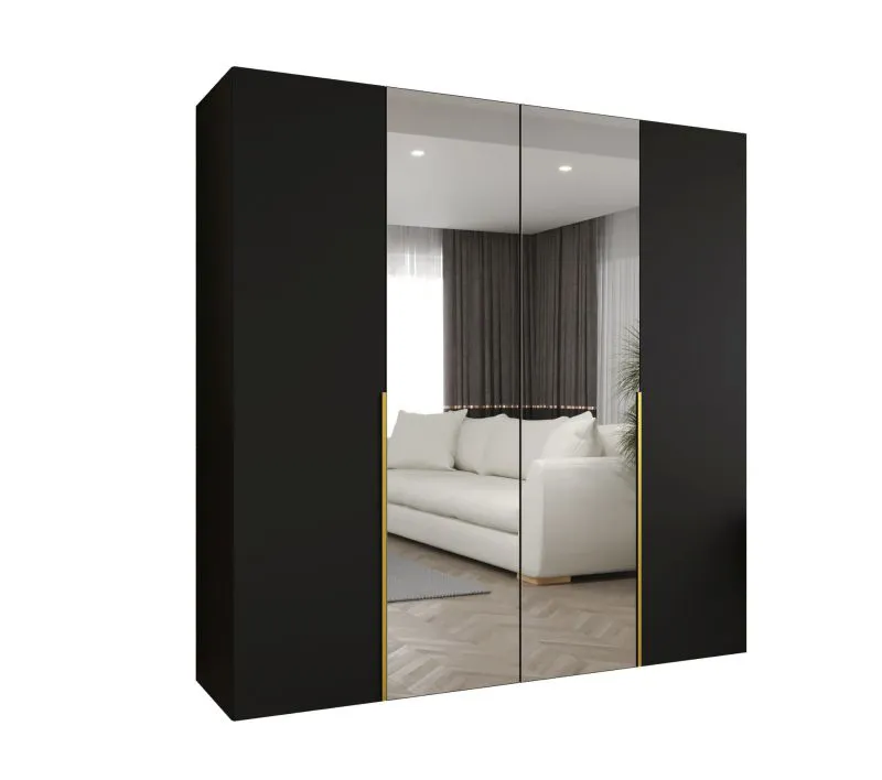 Kleiderschrank / Drehtürenschrank Eiger 85, Farbe: Schwarz, 2 Meter breit, zwei Spiegeltüren, zwei Kleiderstangen, Griffe: Gold, zwei Fächer, Soft-Close-Funktion