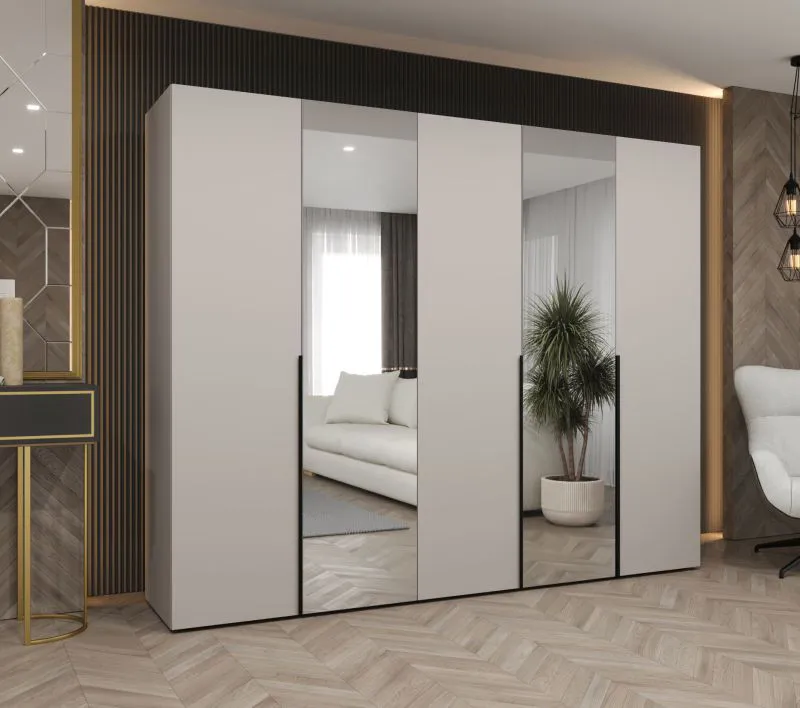 Kleiderschrank mit fünf Türen Eiger 97, Farbe: Kaschmir, zwei Spiegeltüren, Soft-Close-Funktion, 2,5 Meter breit, Griffe: Schwarz, drei Kleiderstangen, drei Fächer