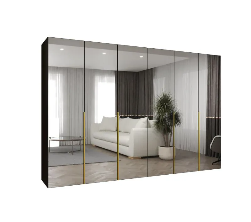 Kleiderschrank mit sechs Spiegeltüren Eiger 162, Farbe: Schwarz, vier Kleiderstangen, vier Fächer, 3 Meter breit, Soft-Close-Funktion, Griffe: Gold
