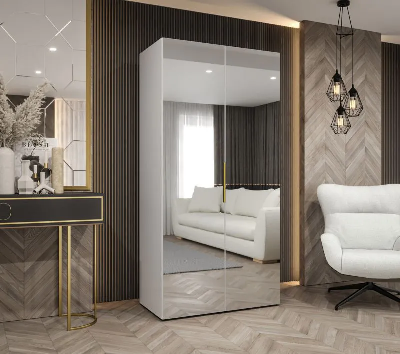 Kleiderschrank / Drehtürenschrank mit 1 Meter breite Korab 115, Farbe: Weiß, Soft-Close-Funktion, Griffe: Gold, ein Fach, eine Kleiderstange
