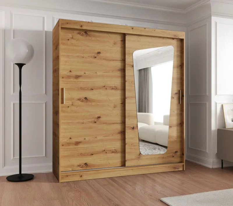 Schiebetürenschrank Aletschhorn 13, eine Spiegeltür, Farbe: Eiche Artisan, 1,8 Meter breit, 10 Fächer, zwei Kleiderstangen, Kleiderschrank, Aluminiumschienen