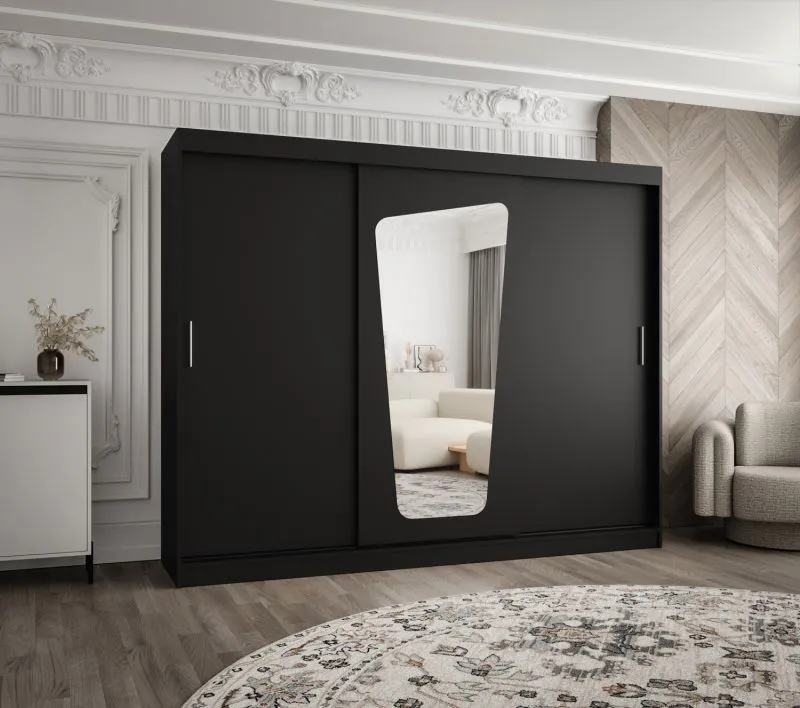 Schiebetürenschrank / Kleiderschrank Aletschhorn 23, Farbe: Schwarz, 10 Fächer, zwei Spiegeltüren, 2,5 Meter breit, zwei Kleiderstangen, Aluminiumschienen