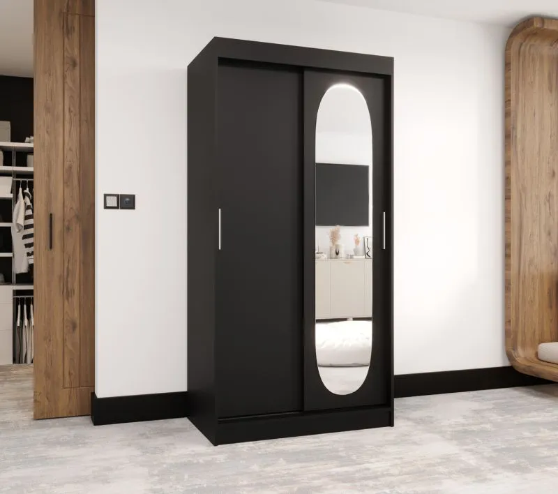 Schiebetürenschrank / Kleiderschrank Moldoveanu 03, Farbe: Schwarz, 1 Meter breit, fünf Fächer, Tür mit ovalen Spiegel, zwei Kleiderstangen