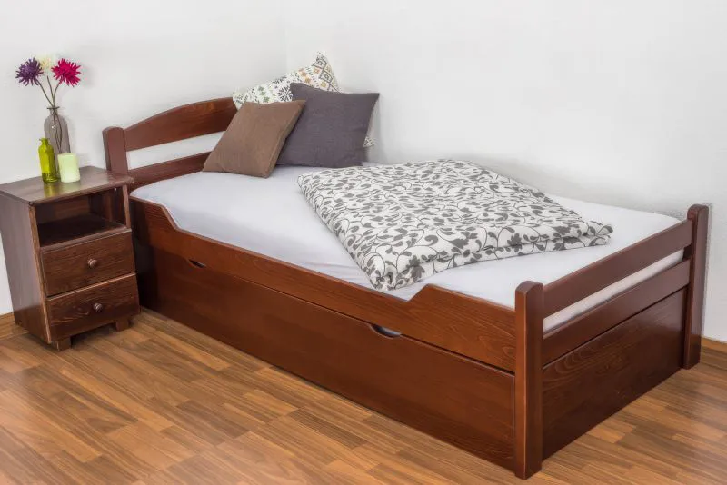 Einzelbett / Gästebett "Easy Premium Line" K1/2h inkl. 2. Liegeplatz und 2 Abdeckblenden, 90 x 200 cm Buche Vollholz massiv dunkelbraun lackiert