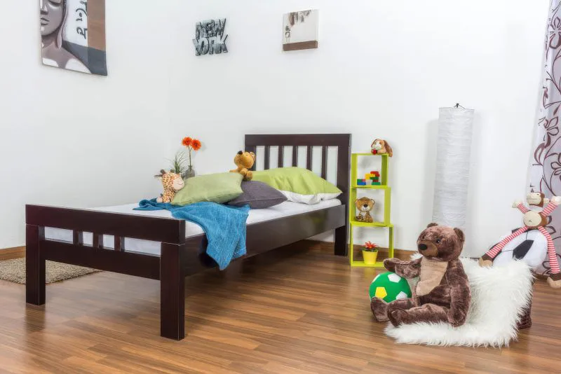 Kinderbett / Jugendbett "Easy Premium Line" K8, Buche Vollholz massiv schokobraun lackiert - Liegefläche: 90 x 200 cm