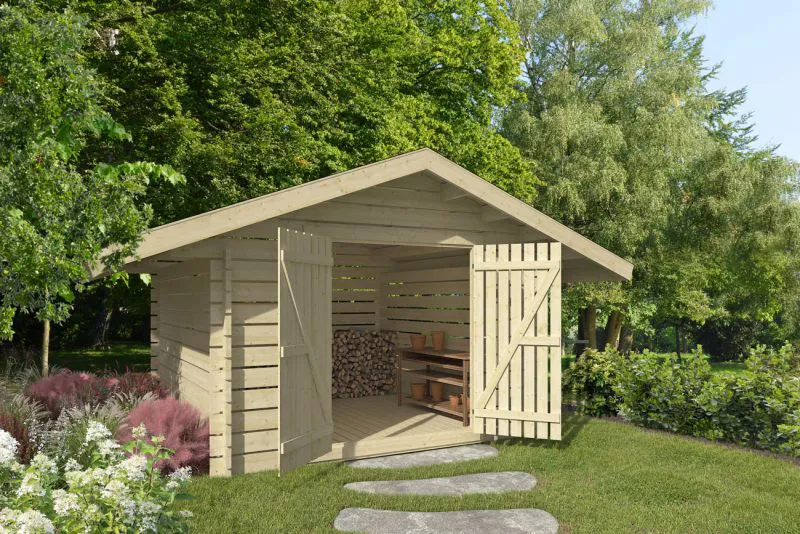 Holzschuppen / Gerätehaus mit Satteldach, inkl. Fußboden, aus Kiefernholz, gehobelt, 40 mm Blockbohlenhaus, Doppeltür, Grundfläche: 7,18 m², Außenmaße: 268 x 268 cm
