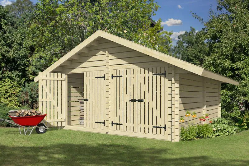 Holzschuppen / Gerätehaus mit zwei Doppeltüren, aus Kiefernholz, gehobelt, 40 mm Blockbohlenhaus, Grundfläche: 17,47 m², Satteldach, Außenmaße: 418 x 418 cm