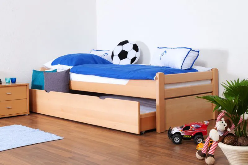 Kinderbett / Ausziehbett 90 x 200 cm | Massivholz: Buche | Natur Lackiert | inkl. 2. Liegeplatz 90 x 190 cm ausziehbar und 2 Rollrost Abbildung