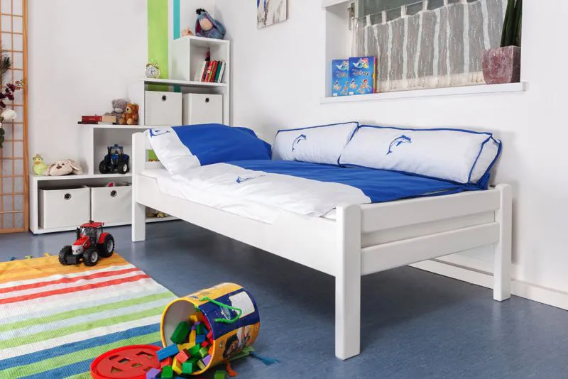 Kinderbett 90 x 200 cm | Massivholz: Buche | Weiß Lackiert Abbildung
