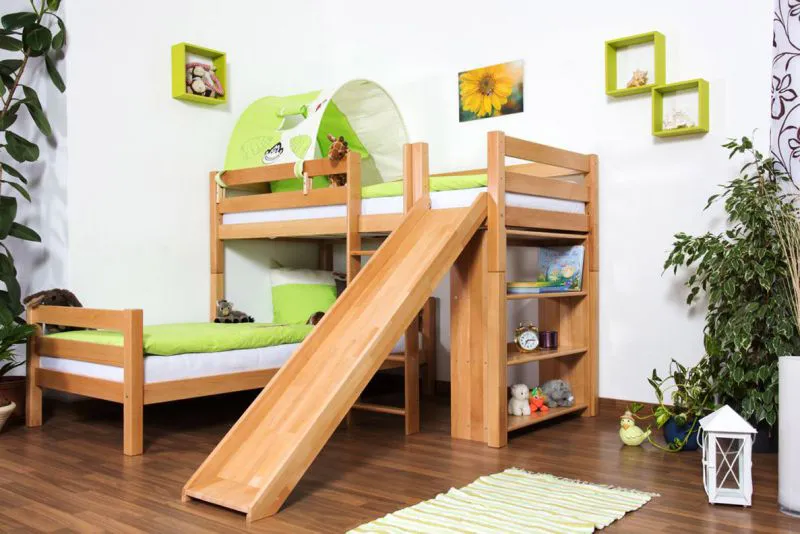 Doppelstockbett L-Form 90 x 200 cm | Buche massiv | natur lackiert | mit Regal und Rutsche | inkl. Rollrost | teilbar Abbildung