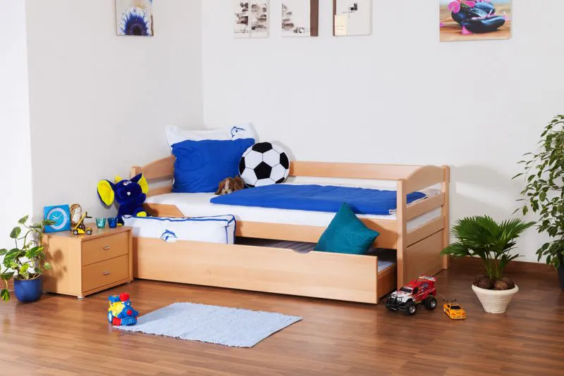 Bettrahmen für Kinder 90 x 200 cm mit Ausziehbett 90 x 190 cm | Massivholz: Buche | Natur Lackiert | inkl. 2. Liegeplatz 90 x 190 cm ausziehbar und 2 Rollrost Abbildung