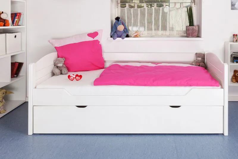 Kinderbett 90 x 200 cm mit Ausziehbett 90 x 190 cm | Massivholz: Buche | Weiß Lackiert | inkl. 2. Liegeplatz 90 x 190 cm ausziehbar und 2 Rollrost Abbildung