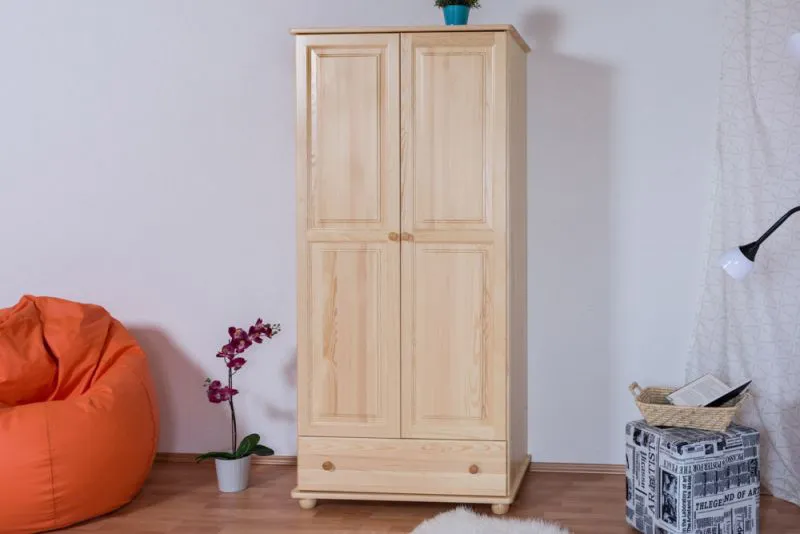 Kleiderschrank | 2 Drehtüren | 1 Schublade | 4 Fächer | mit Kleiderstange | 92 cm breit | Massivholz | Farbe: Natur Abbildung