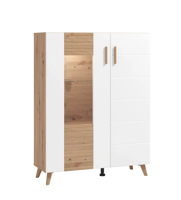 Kleine Vitrine mit zwei Türen Baka 02, Farbe: Eiche Artisan / Weiß Hochglanz, ABS, sechs Fächer, Maße: 125,5 x 96 x 35 cm, stilvolles Design