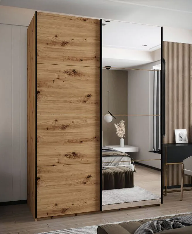 Kleiderschrank / Schiebetürenschrank | 11 Fächer | Spiegel | 2 Kleiderstangen | 245,5 x 170 x 64 cm | 2 Schiebetüren | Soft-Close | Farbe: Eiche Artisan