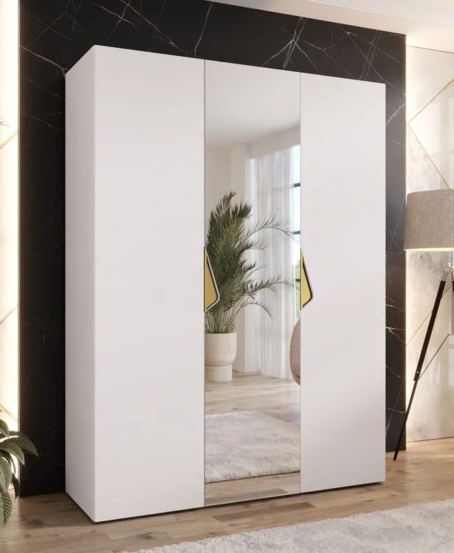 Drehtürenschrank / Kleiderschrank | 1 Spiegeltür | Farbe: Weiß | 2 Fächer | Griffe: Gold | 2 Kleiderstangen | Soft-Close | Maße: 150 x 52 x 202 cm