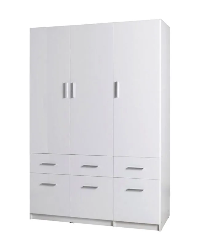 136 cm breiter Kleiderschrank mit 3 Türen, 3 Fächern und 6 Schubladen | Farbe: Weiß | Tiefe: 54 cm Abbildung