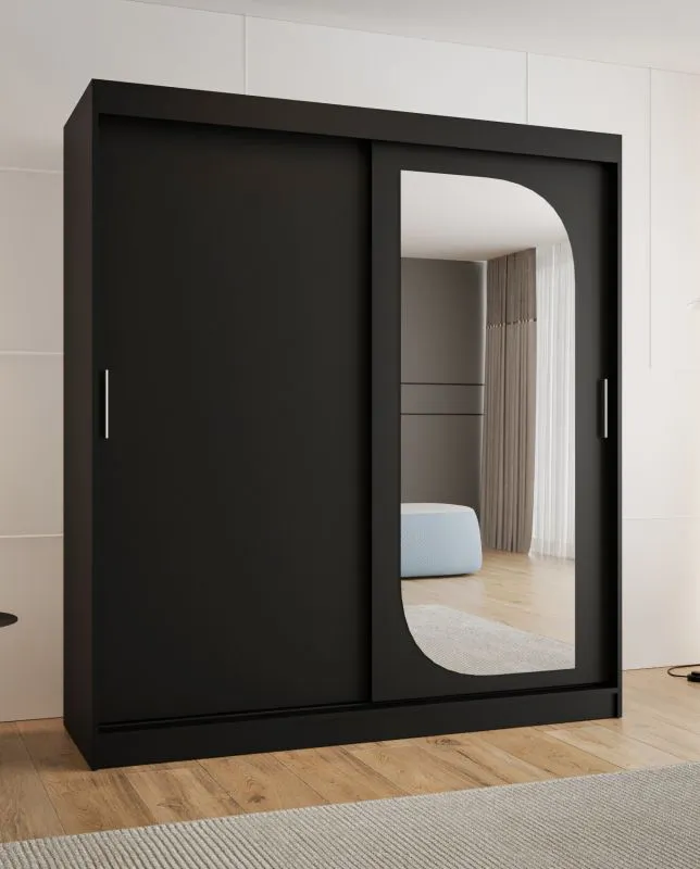 Schiebetürenschrank / Kleiderschrank Signalkuppe 15, Farbe: Schwarz, 1,8 Meter breit, zwei Kleiderstangen, 10 Fächer, eine Spiegeltür