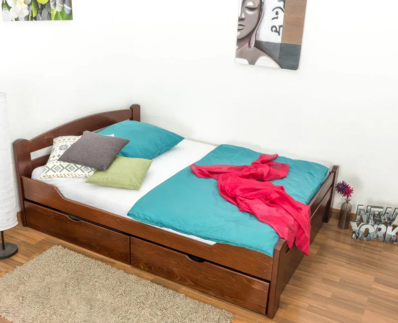 Einzelbett / Funktionsbett "Easy Premium Line" K4, inkl. 2 Schubladen und 1 Abdeckblende, 140 x 200 cm Buche Vollholz massiv dunkelbraun lackiert