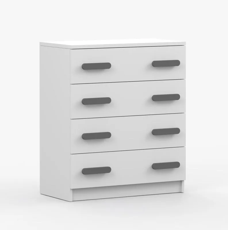 80 cm breite Kommode | 90 x 80 x 40 cm | Weiß | graue Holzgriffe | Smolikas 24 | 4 geräumige Schubladen | Kinder | Jugend