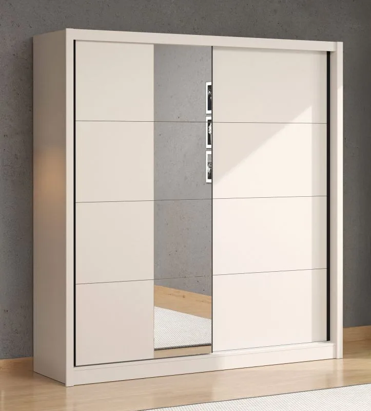 Schiebetürenschrank mit einer Spiegeltür Apatin 03, Farbe: Kaschmir, drei Kleiderstangen, fünf Fächer, Maße: 215,5 x 205 x 60 cm, stilvolles Design