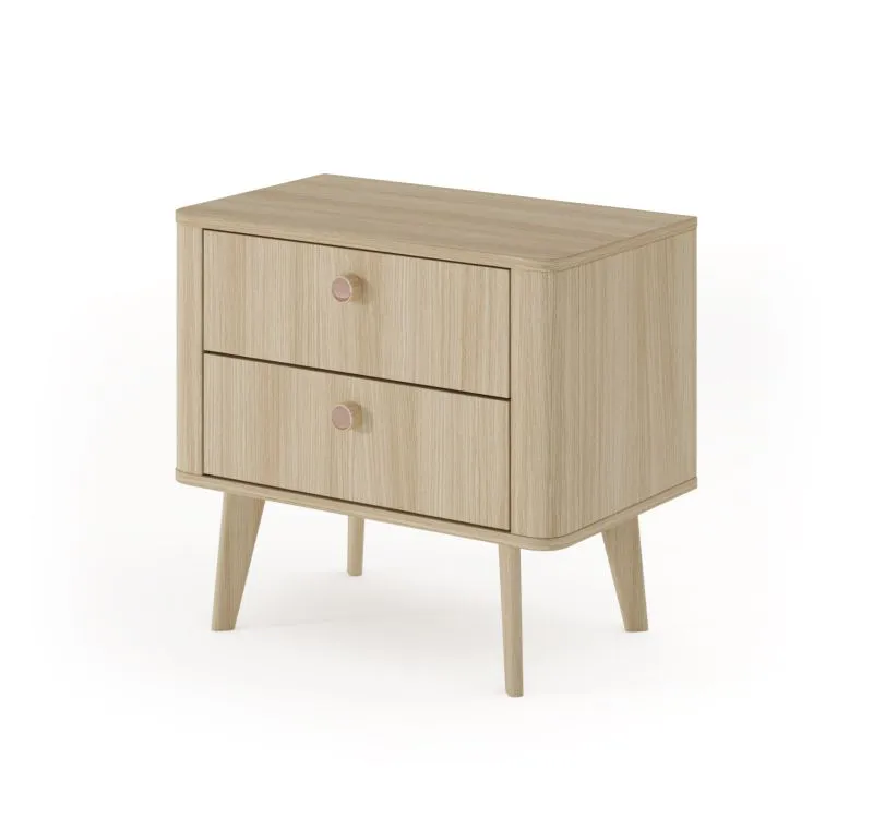 Nachtkommode mit zwei Schubladen Bouzid 05 | Farbe: Eiche Barista | Beine & Griffe: Holz | Maße: 57 x 63 x 38 cm | für Schlafzimmer