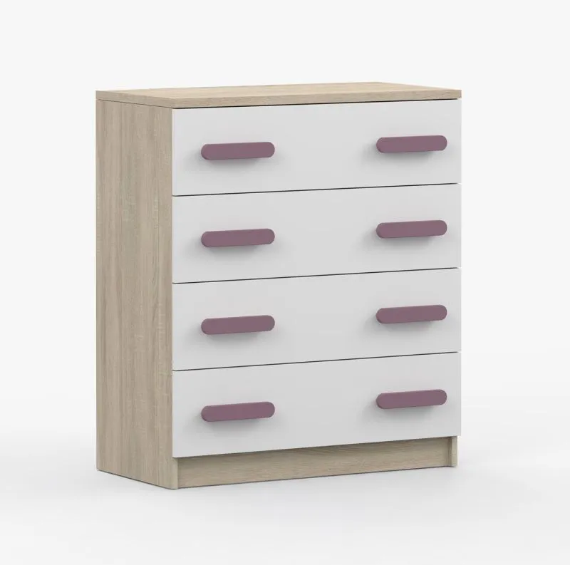 Kommode 80 cm breit | Weiß / Sonoma Eiche | violette Holzgriffe | Smolikas 06 | 4 Schubladen | 90 x 80 x 40 cm | Kinder | Jugend