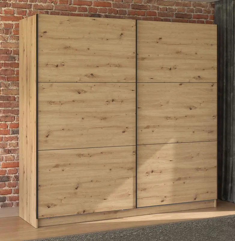 Einfacher Schiebetürenschrank Kule 09, Farbe: Eiche Artisan, zwei Kleiderstangen, 10 Fächer, Maße: 210 x 217 x 62,5 cm, gute Verarbeitung