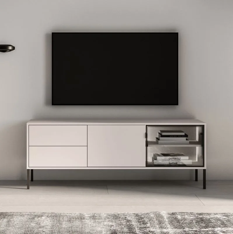 TV-Board | Kaschmir | 2 Schubladen | 3 Fächer | Push-to-open Funktion | inkl. LED-Beleuchtung | 1 Glastür mit Aluminiumrahmen | 160 x 40 x 59 cm | TV-Schrank