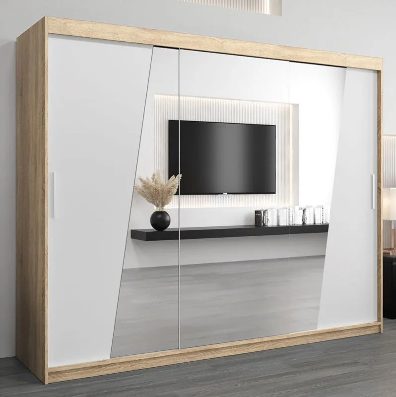 Großer 250 cm breiter Kleiderschrank mit 10 Fächern und 3 Türen | Farbe: Sonoma Eiche / Weiß Abbildung