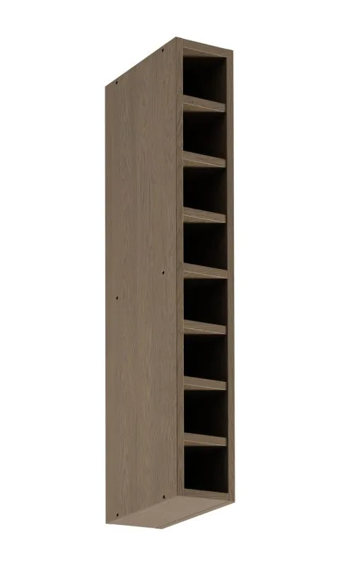 Küchenhängeschrank | 8 Fächer | schmal | offen | 15 x 30 x 87 cm | inkl. verstellbarer Anhänger + Befestigungsleiste | Farbe: Eiche Baltic Storm | widerstandsfähig gegen Beschädigung | für Küchen