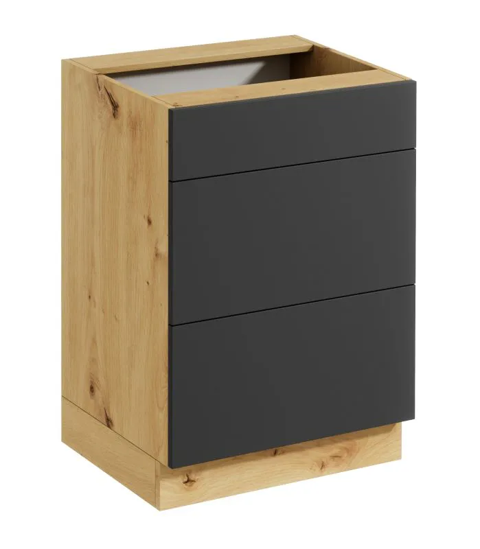 Küchen-Unterschrank | 3 Schubladen | Matterhorn 20 | Push-to-Open | grifflose Front | Artisan-Eiche / Grau | 60 x 46,8 x 82 cm | 3 Schubladen