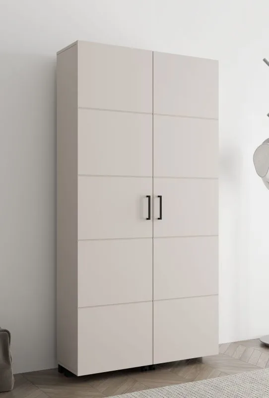 Schuhschrank | Farbe: Kaschmir | zwei Drehtüren | 92 x 33 x 185 cm | breit | 15 Schuhfächer | schwarze Griffe | hoher Schrank | für den Vorraum